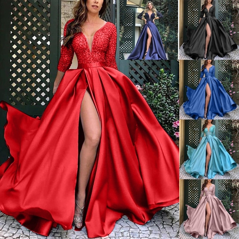 Damen Elegant V Ausschnitt Langarm Pailletten Spitze Satin Abendkleid Hoher Schlitz Bodenlang Party Ballkleid Polyester