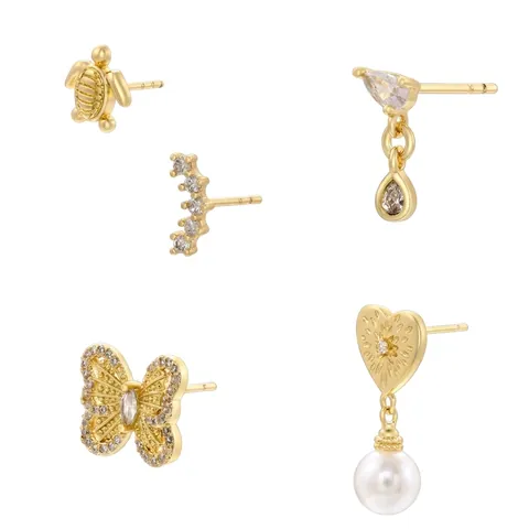 Brass Animal Butterfly Turtle Heart Shape Stud Earrings For Women Rhinestone Artificial Pearl Inlaid Elegant Fashion Jewelry