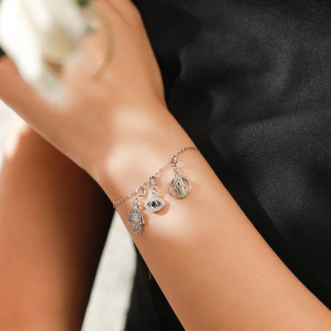 Hamsa Hand Pendant 925 Sterling Silver Evil Eye Carved Hollow Retro Protective Charm For Necklace Bracelet Jewelry DIY
