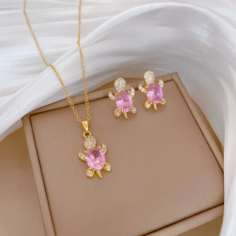 Pink Turtle Necklace And Earrings Titanium Steel Copper Zircon With Silver Earring Post Jewelry For Women Elegant Animal Style