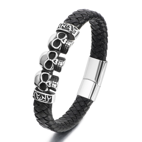 Pulsera Hombre Cuero Genuino Trenzado Y Acero Inoxidable Calavera Estilo Punk Con Cierre Magnético Joyería