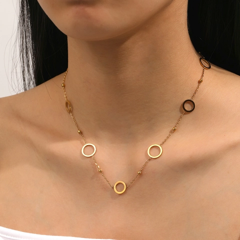 Minimalist Stainless Steel Necklace For Women Golden Hollow Geometric Rings And Small Gold Beads Chic Dainty Jewelry