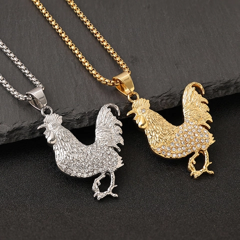 Hip Hop Rooster Pendant Necklace Iced Out Rhinestone Titanium Steel Vacuum Gold Plated Animal Jewelry For Men