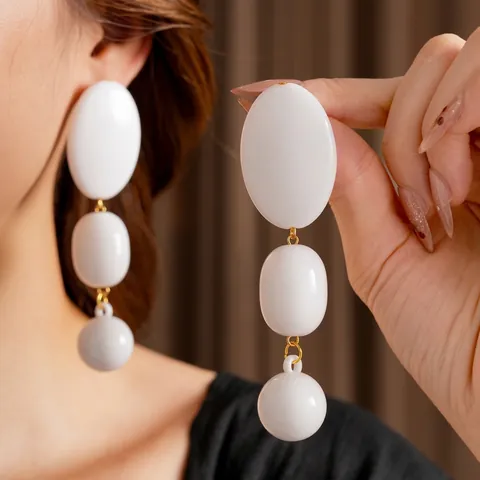 Vintage Geometric Drop Earrings With Silver Earring Post White Acrylic Three Tier Dangle Exaggerated Fashion For Women