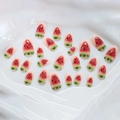 Watermelon Pattern Press On Nails French Style Glossy Square False Nails Summer Cute Fruit Design For Women
