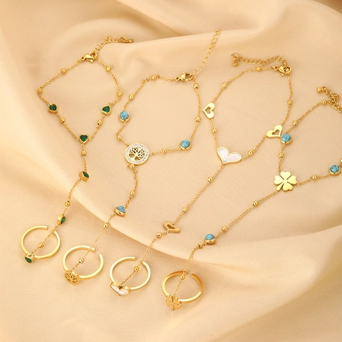 Roestvrij Staal Goud Vergulde Slaaf Armband Ring Set Voor Vrouwen Hart Levensboom Klaver Strass Kunstparel Hand Harnas