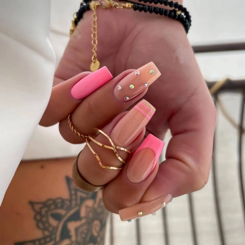 Pink French Tip Press On Nails With Sparkle Rhinestones Glossy Coffin Square Shape False Nails Manicure For Women