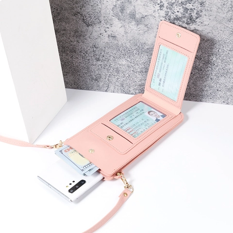 Women Mobile Phone Crossbody Bag PU Leather Clear Touch Screen Window Shoulder Wallet Card Holder Minimalist Solid Color