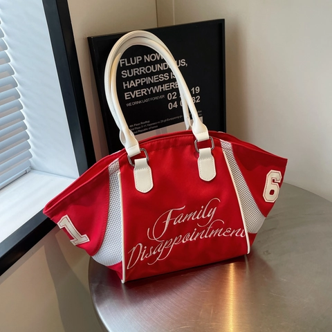 Women Large Capacity Tote Bag Nylon Canvas Mesh Embroidery Letter Sporty Shoulder Handbag Travel Daily