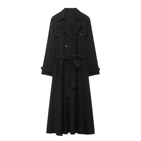 Women Trench Midi Dress Polyester Double Breasted Belted Long Sleeve Elegant British Style Solid Color Casual