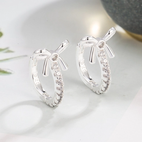 Elegant Copper Bowknot Hoop Earrings With 925 Sterling Silver Post Rhinestone Bow Earrings For Women Minimalist Fashion Jewelry
