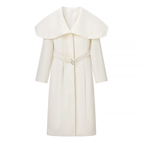Damen Langer Trenchcoat Elegant Weiß Wolloptik Schalkragen Gürtel Oberbekleidung Mantel Frühling Mode Streetwear
