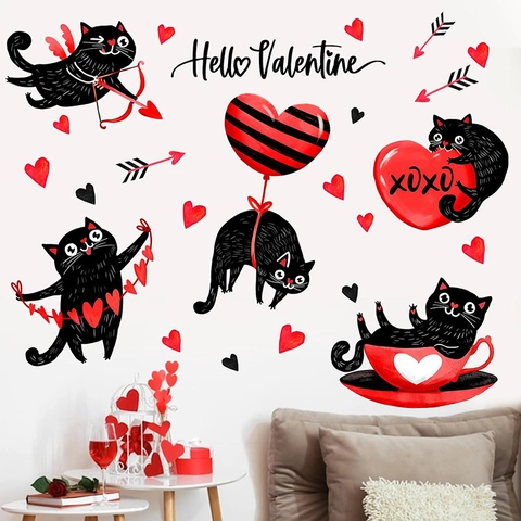 Valentinstag Wandaufkleber Schwarze Katze Herz Cartoon PVC Aufkleber Für Fenster Heimdekoration Romantisch Süß DIY Dekoration