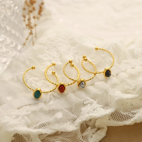 Vintage 304 Edelstahl Offener Ring Für Damen Verstellbar Oval Naturstein Eingelegt Gedreht PVD Gold Vergoldet Ring Schmuck