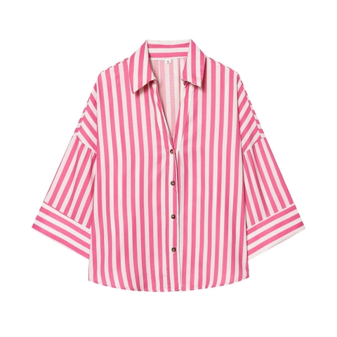 Camicetta Donna Estiva a Strisce Scollo a V Larga Mezza Manica Pipistrello Monopetto Casual Vintage Elegante Pendolare Top