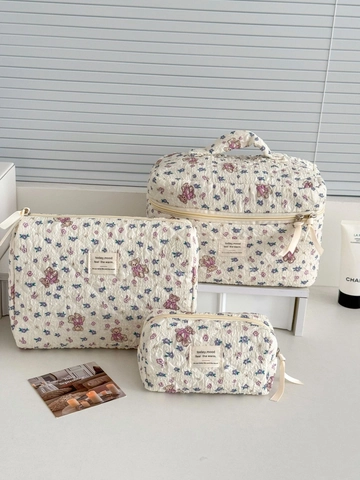 Borsa Per Cosmetici In Cotone Trapuntato Trousse Da Viaggio Motivo Floreale Orso Stile Carino Organizzatore Portatile