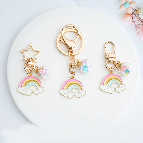 Cute Korean Style Rainbow Cloud Keychain With Glass Ball Colorful Beads Zinc Alloy Bag Charm Gold Metal Key Ring Gift