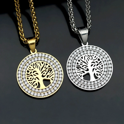 Collana Con Ciondolo Albero Della Vita Acciaio Inossidabile Cavo Tondo Zircone Gioielli Moda Hip Hop Uomo Donna