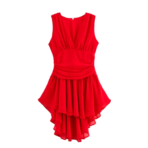 Vestido Corto Sin Mangas Con Cuello En V Color Sólido Con Volantes Dobladillo Irregular Cintura Fruncida Sexy Fiesta Mujer