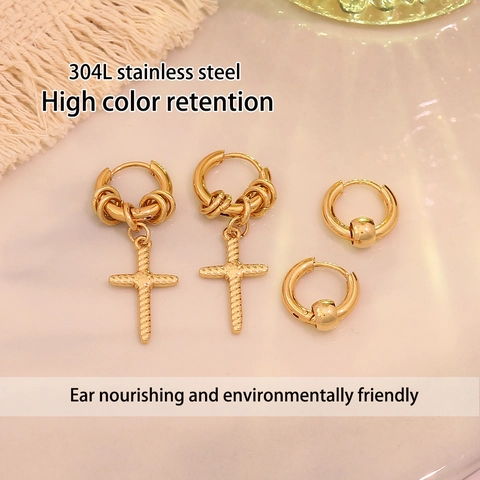 Kreuz Anhänger Creolen Und Perlen Charme Vergoldet 304 Edelstahl Für Damen Trendiger Modeschmuck