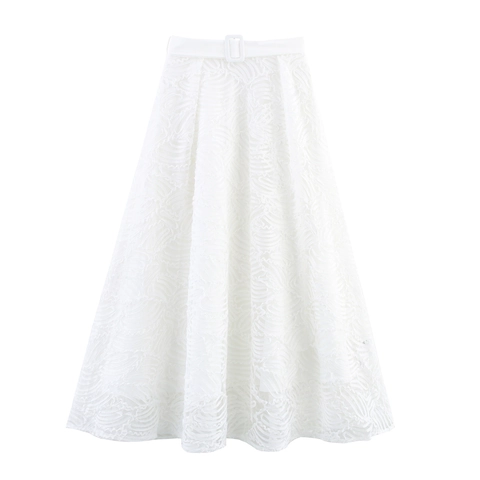 Falda Midi De Encaje Blanca Para Mujer Línea A Cintura Alta Textura Ondulada Elegante Con Cinturón