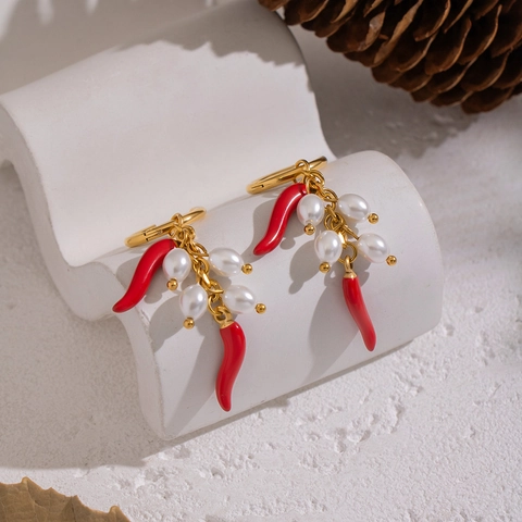Boucles D'oreilles Créoles Piment Perle Acier Inoxydable Émail Rouge Plaqué Or Perles D'eau Douce Naturelles Bijoux Pour Femmes