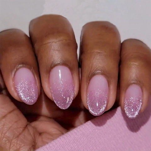 Faux Ongles Press On Amande Courts Dégradé Rose Violet Paillettes Argentées Style Français Pour Femmes