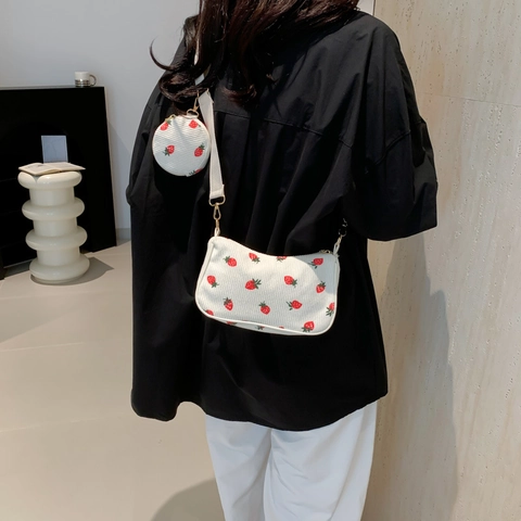 Borsa A Spalla Da Donna E Portamonete Rotondo Velluto A Coste Motivo Fragola Mezzaluna Borsa Di Moda
