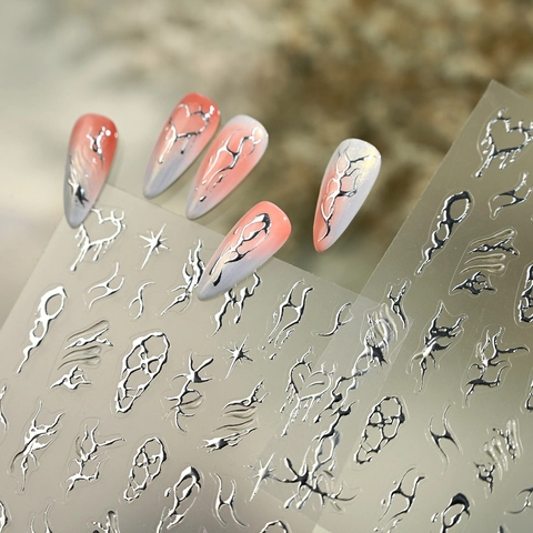 3D Nail Art Stickers Liquid Metal Silver Metallic Embossed Y2K Punk Star Heart Manicure Decals For Women DIY
