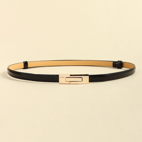 Women Vintage PU Leather Thin Belt Fashion Gold Rectangular Buckle Adjustable Waist Seal Decorative Dress Belt For Jeans Black