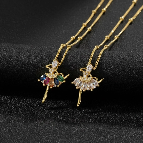 Collar con Colgante de Bailarina de Ballet de Lujo para Mujer Cobre Chapado en Oro Hueco Incrustado Diamantes de Imitación
