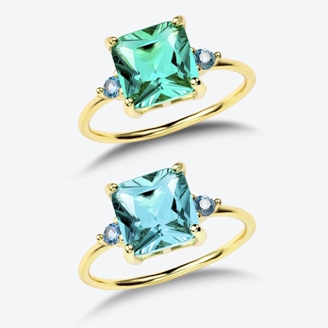 Anello Quadrato in Argento Sterling S925 Con Strass in Vetro Blu Verde Placcato Oro 18K Anello al Dito di Moda Intarsiato Personalizzato Gioielli Donna Regalo
