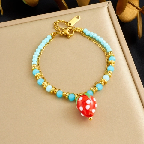 Bracciale A Strati In Acciaio Inossidabile Con Perline Di Vetro Colorate E Ciondoli Fungo Fragola Coccinella Moda