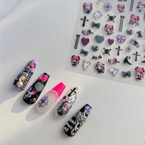Adesivi Unghie 5D Rilievo Dark Gothic Punk Ragazza Anime Teschio Croce Design Autoadesivi Per Decorazione Manicure Donne
