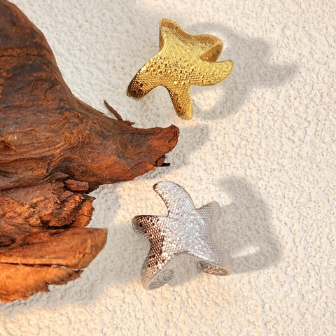 Starfish Open Ring 18K Gold Plated Stainless Steel Hammered Texture Adjustable Jewelry For Women