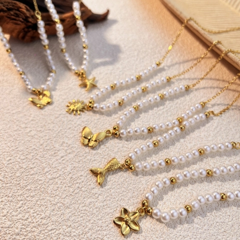 Edelstahl Künstliche Perle Anhänger Halskette Für Damen Vintage Muschel Schmetterling Sonne Seestern Schmuck