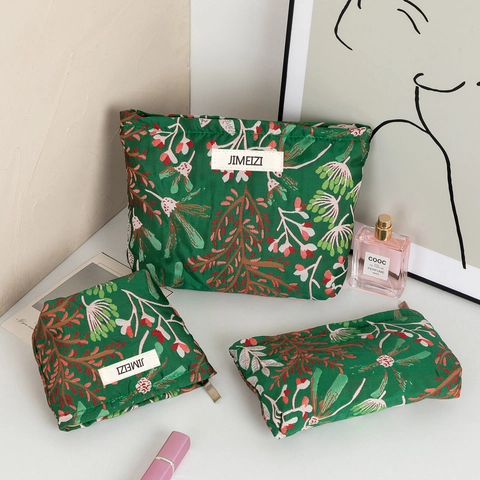 Women Fresh Floral Embroidery Makeup Bag Set Portable Toiletry Bag Travel Storage Organizer Canvas Lining Zipper Cosmetic Bag 3-Piece Set
