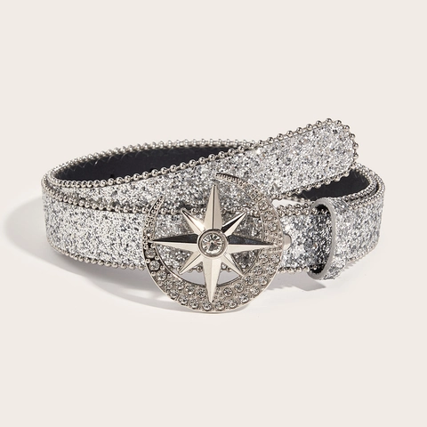 Cintura da Donna in Pelle PU Con Finitura in Paillettes Alla Moda Fibbia a Stella e Luna Con Strass Cintura Decorativa Per Jeans Festa
