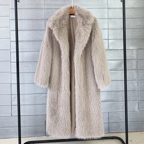 Women Faux Fur Coat Long Winter Warm Elegant Lapel Collar Solid Color Long Sleeve Plush Jacket Outerwear