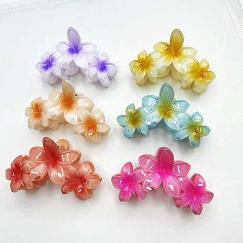 Large Resin Frangipani Flower Hair Claw Clip Triple Flower Joined Design Gradient Color Shark Clip Accessories Women