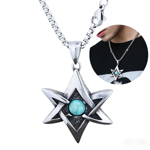 Collana Con Pendente Esagramma Vichingo Acciaio Inossidabile Con Turchese Sintetico Blu Stella Di David Amuleto Per Uomo Donna