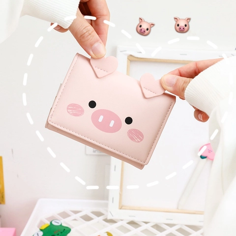 Cute Cartoon Piggy Short Trifold Wallet For Women Girl Heart Ear Decor Small Polyester Coin Purse Card Holder Gift