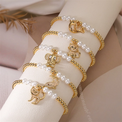 Beaded Bracelet With Copper Zircon Animal Charms And White Faux Artificial Pearls Elastic Jewelry For Women Fashion Accessory