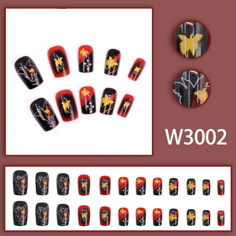 Press On Nails Square Shape Papua New Guinea Flag Bird Of Paradise Pattern Red Black Gradient Glossy Artificial Nails