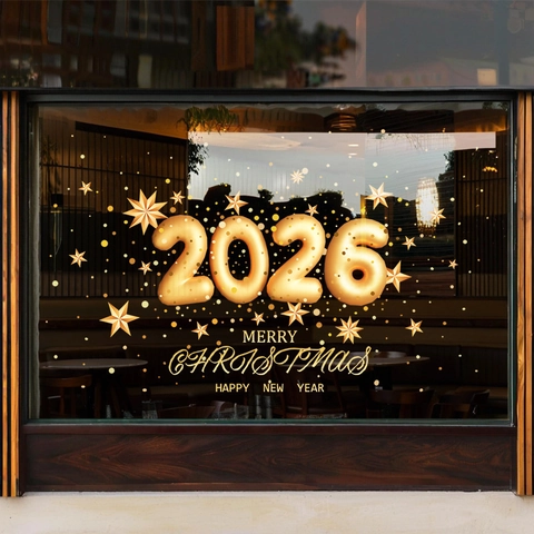 2026 Christmas New Year Window Sticker Static Cling PVC Gold Double Sided Decor Glass Door Decal Holiday Party Ornament