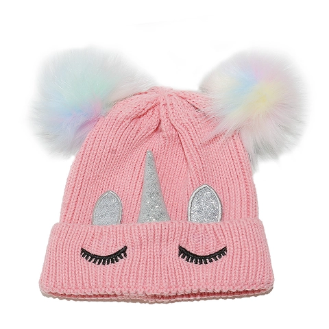 Kinder Einhorn Strickmütze Beanie Mit Regenbogen Kunstpelz Bommeln Pailletten Horn Und Wimpern Stickerei Winter Warm