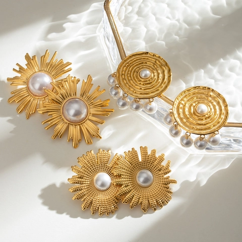 Orecchini E Anello In Acciaio Inossidabile Vintage Geometrico Spirale Raggio Di Sole Foglia Di Palma Perla Artificial Simulazione Gioielli Donna