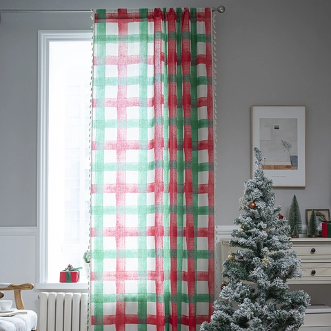 Rideau De Noël Coton Lin Semi Occultant Cloison Franges Pompons Plaid Flocon De Neige Motif Fête Maison