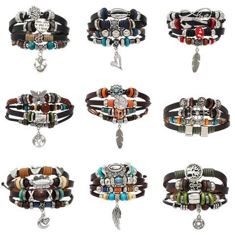 Handmade Retro Multilayer Cowhide Alloy Braided Bracelet Vintage Tree Of Life Anchor Heart Butterfly Multi Layer Jewelry