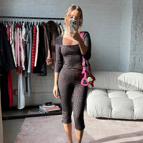 Sexy Leopard Print Square Neck Crop Top And Skinny Leggings For Women Streetwear Casual Brown Polyester
